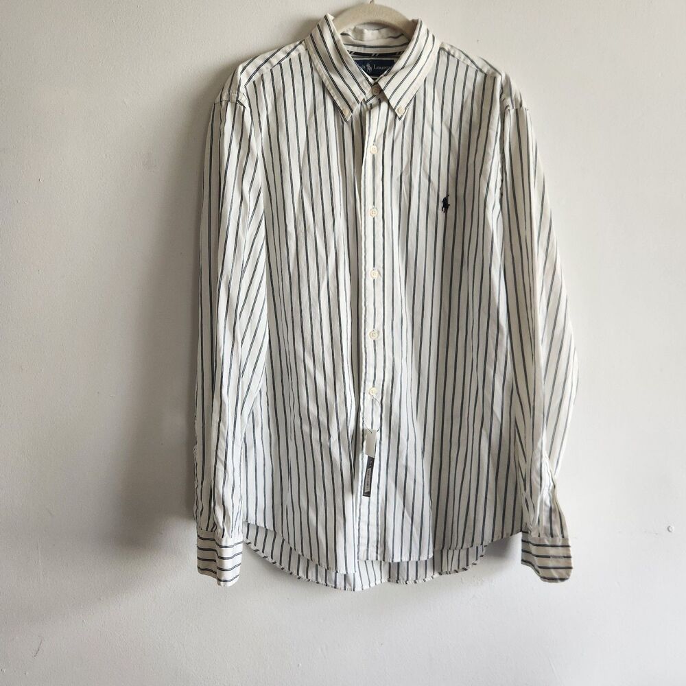 Ralph Lauren Men's Striped Button-Front Shirt Cotton Black White L academia